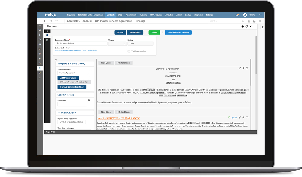 Contract management screenshot